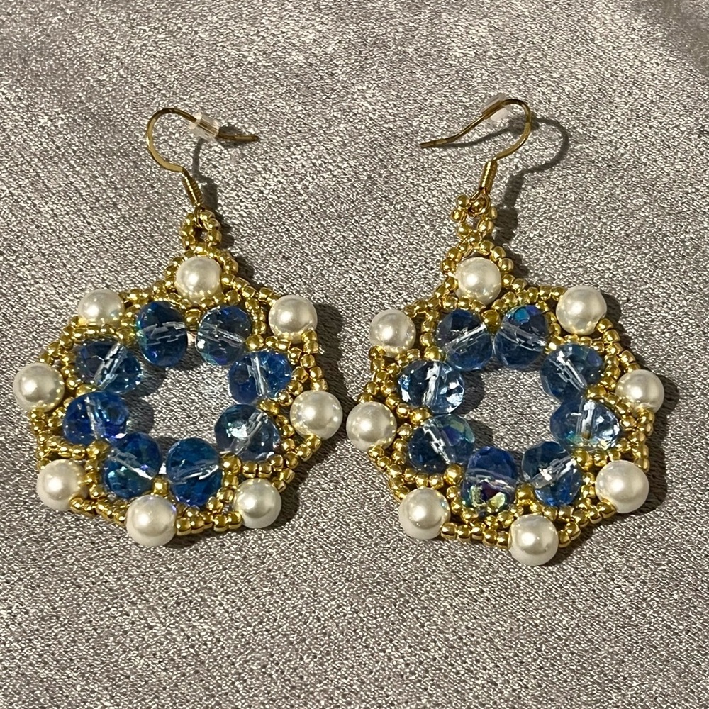 Elegant Gold and Blue Handmade Beaded Earrings